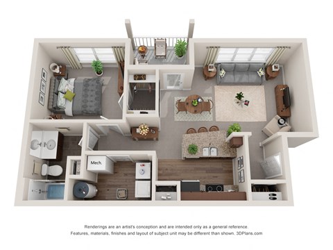 Floor plan for 1 bed, 1 bath, 750 sqft